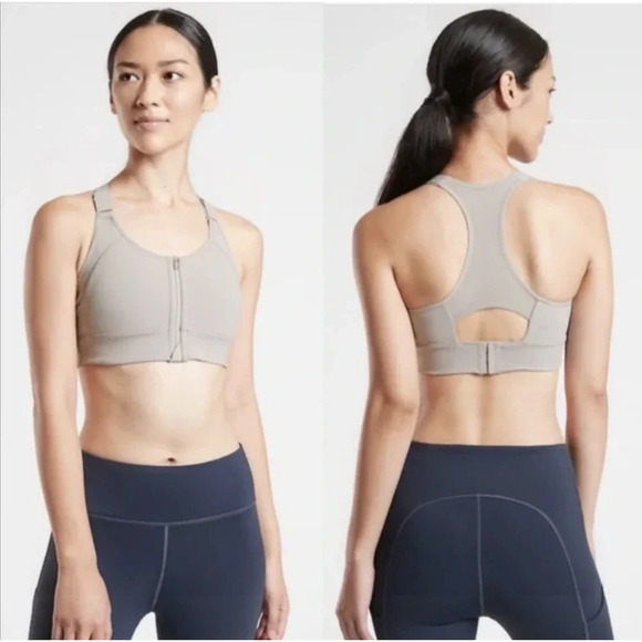 Athleta‎ Empower Sports Bra Taupe Grey Zip Front Brami Racerback Size Medium - Picture 1 of 8